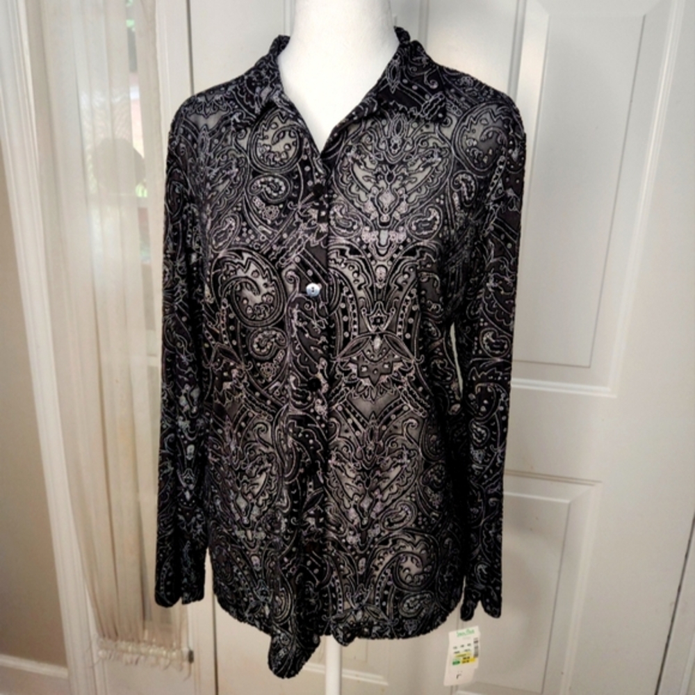 NWT Rafael Black  White Textured Semi Sheer Paisley Long Sleeve Top ‎ Size Large